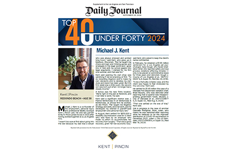 A newspaper page titled "Top 40 Under Forty 2024" featuring a photo of Michael J. Kent and a profile about his achievements.