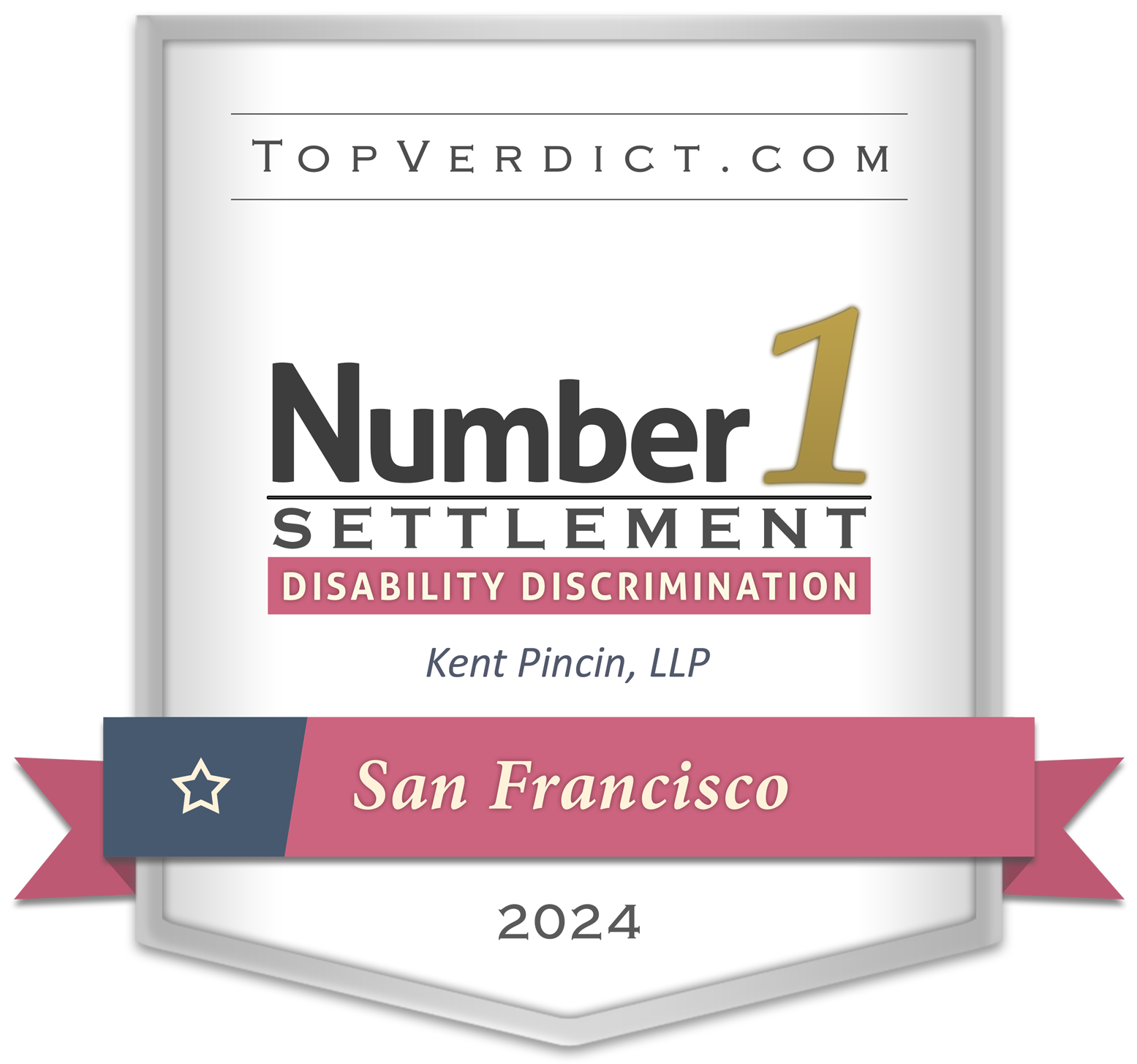 Award badge showing "TopVerdict.com Number 1 Settlement Disability Discrimination, Kent Pincin, LLP, San Francisco, 2024.