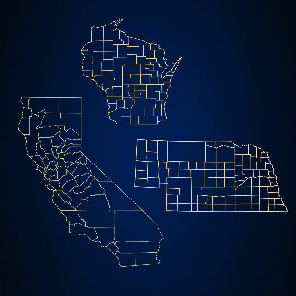 Outline maps of Wisconsin, California, and Nebraska with their counties delineated, displayed on a dark blue background.