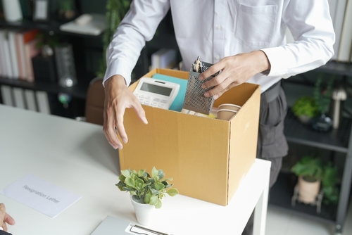 A person packs office supplies into a cardboard box on a desk, with a resignation letter and a small plant nearby.