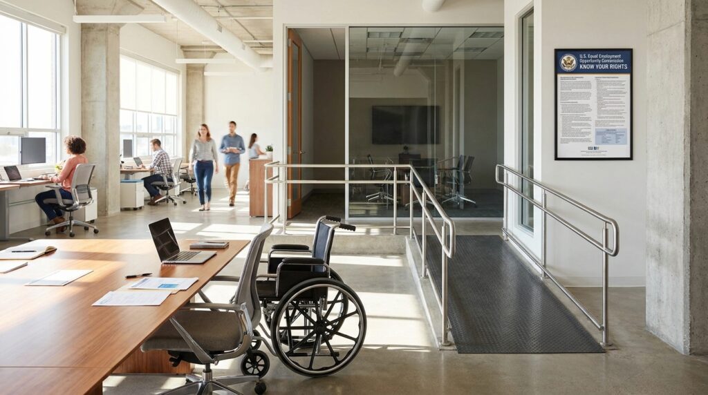Office conference table, wheelchair, accessibility ramp, and Know Your Rights poster