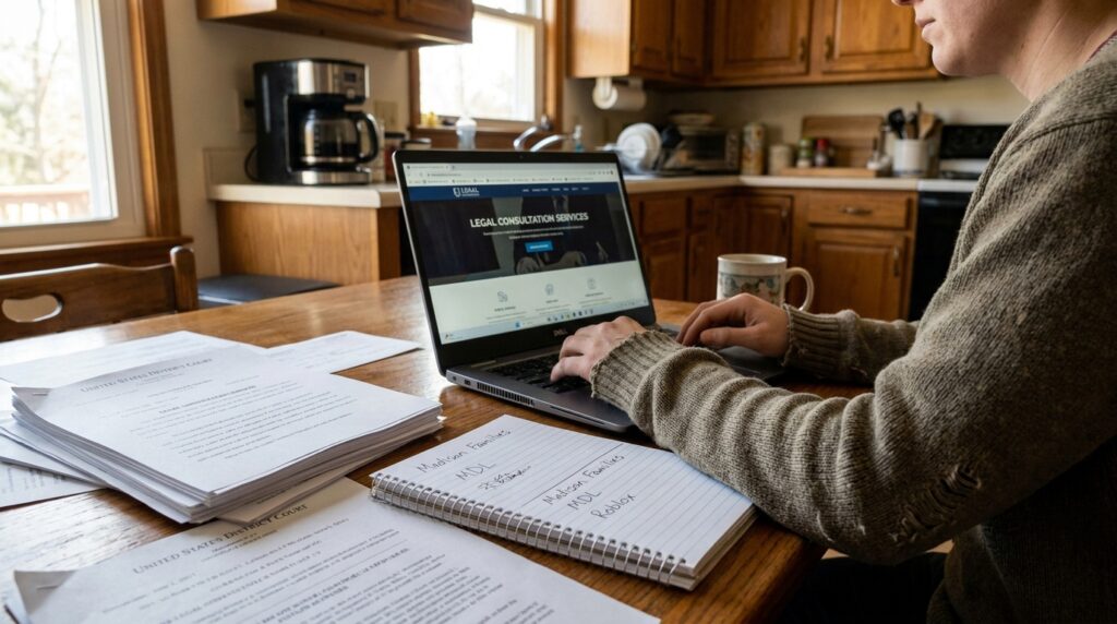 Person in suit writing on clipboard beside laptop and legal documents