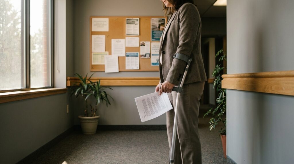 woman using forearm crutch holding legal documents in office hallway