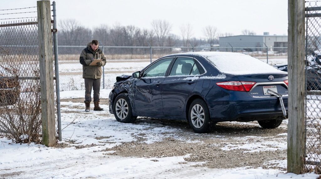man writing on clipboard inspecting damaged Toyota Camry at snowy accident scene