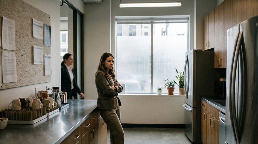 professional woman in suit standing arms crossed in office break room