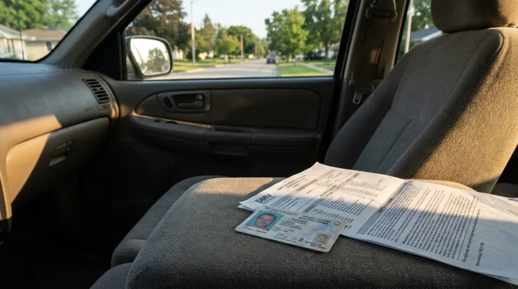 Wisconsin driver's license and DMV document resting on vehicle passenger seat