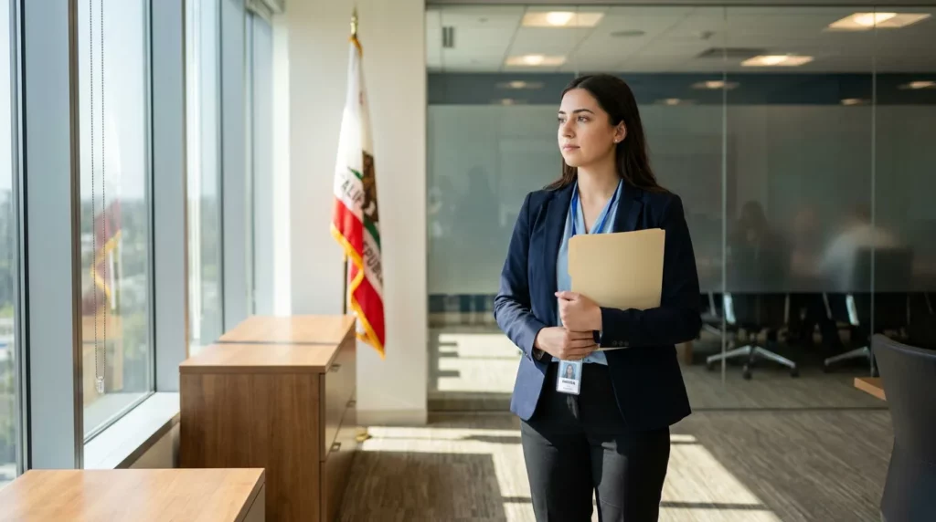 female attorney holding manila folder beside California state flag in office
