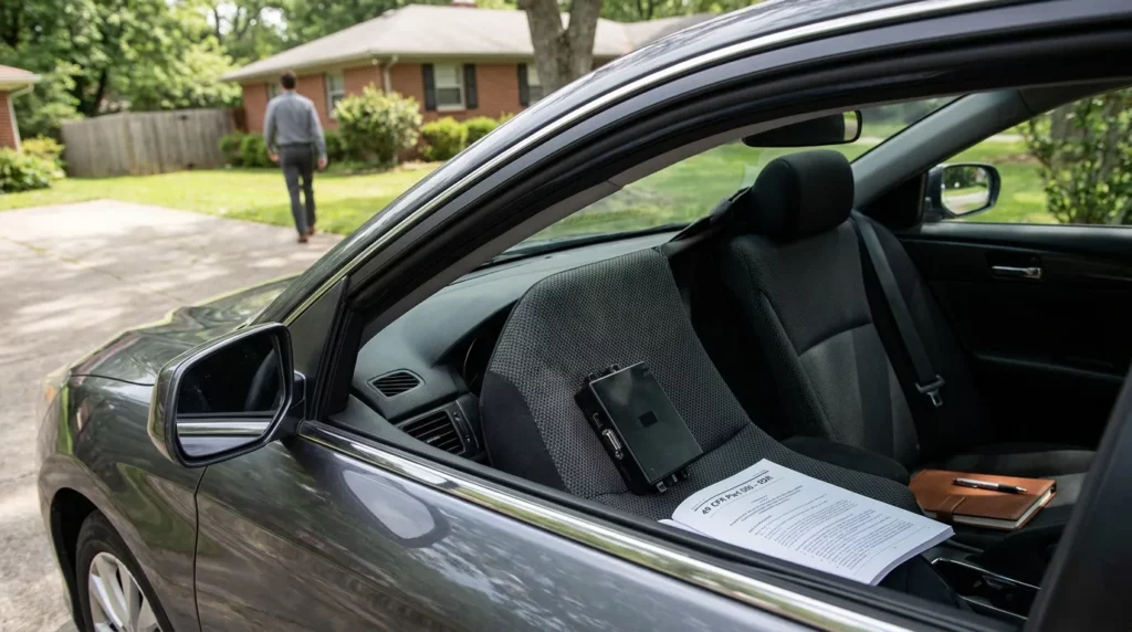 car interior with 49 CFR Part 566 document and electronic device on seat