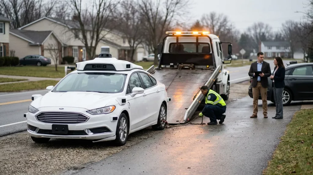 autonomous vehicle with roof sensors being loaded onto flatbed tow truck