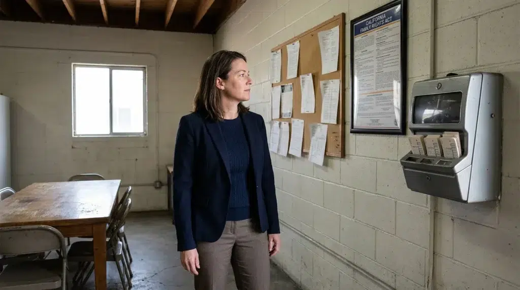 professional woman standing near California Family Rights Act poster and workplace time clock